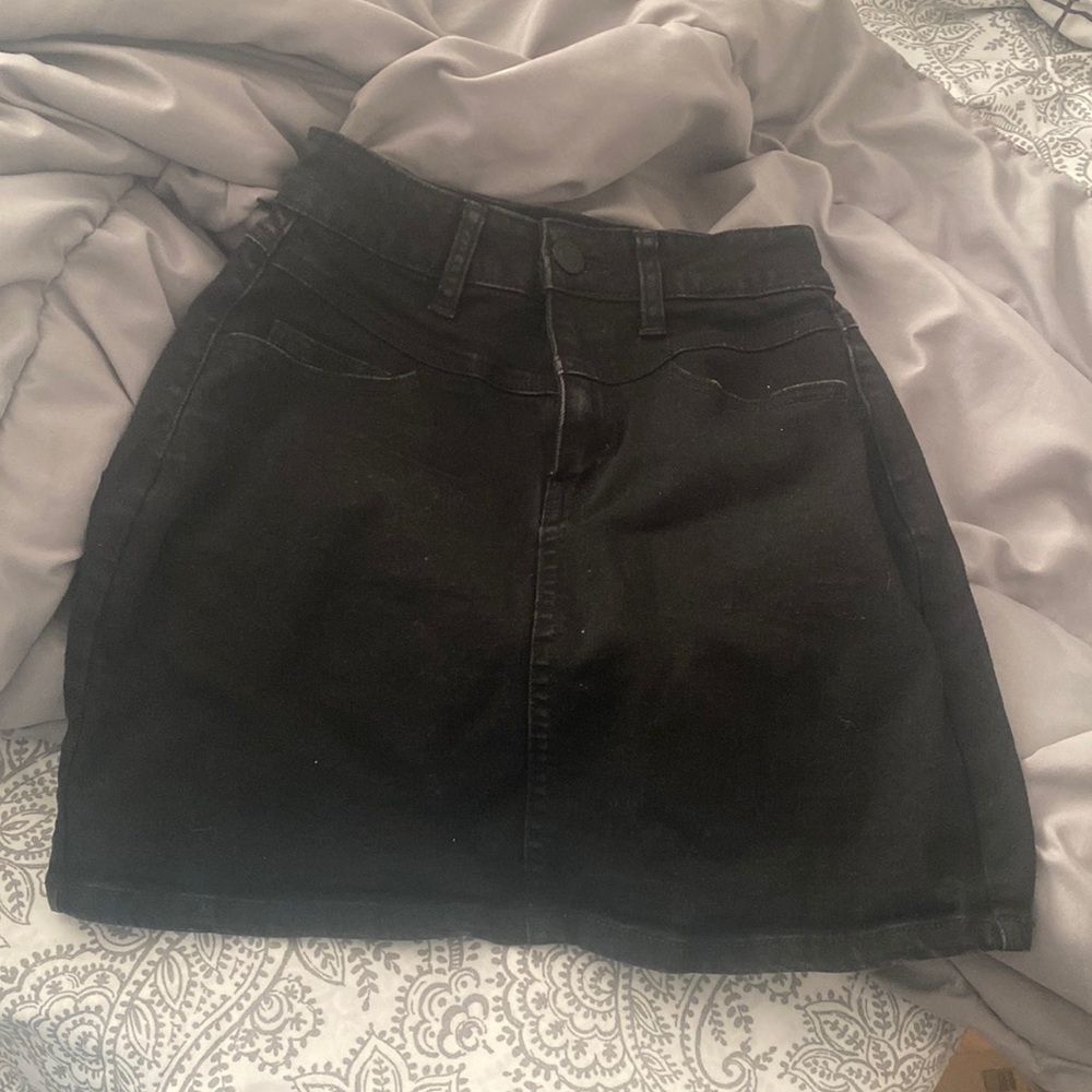 High waisted black denim mini skirt